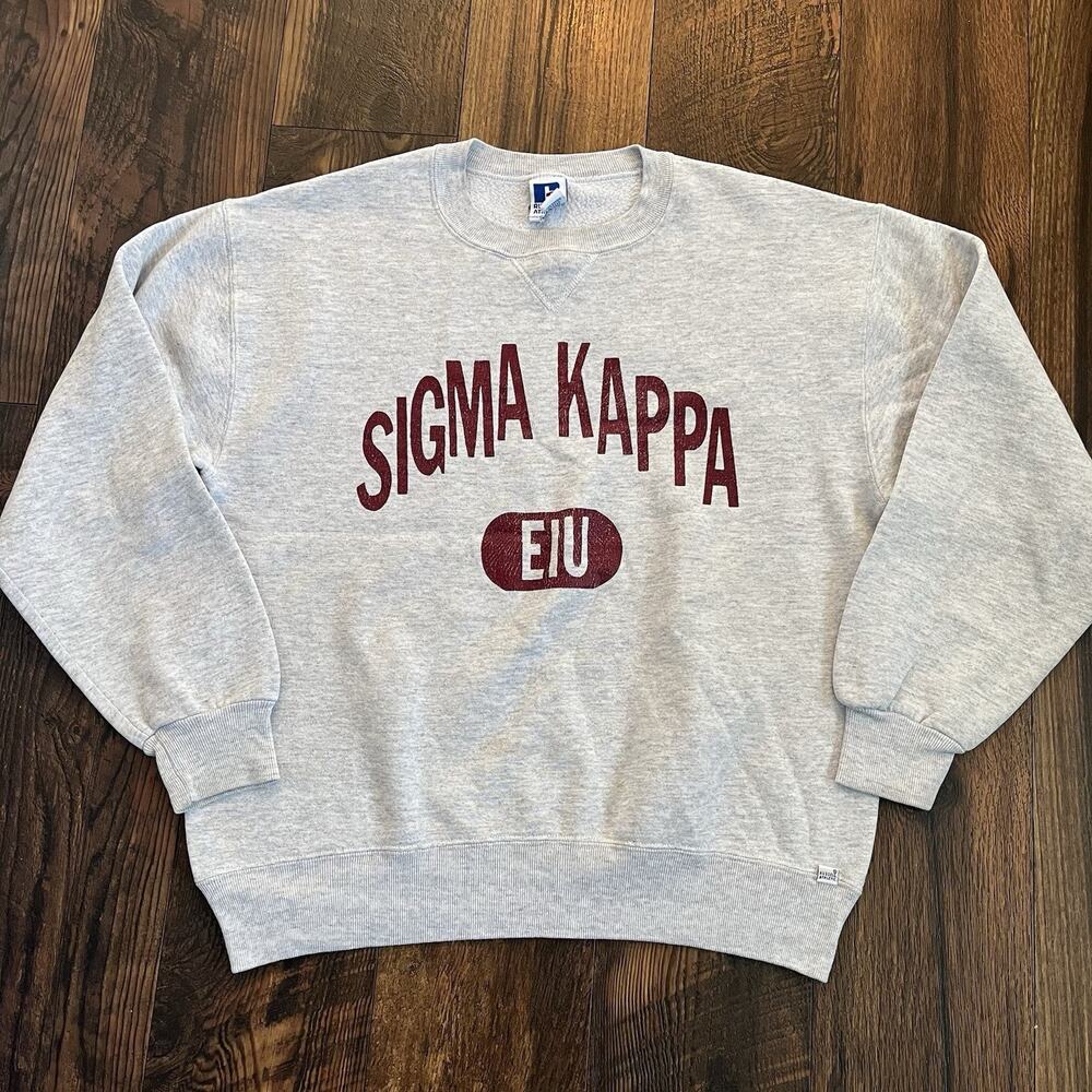 VTG 90s Russell Athletic Sigma Kappa EIU Sweatshirt Large Gray Made In USA EIU